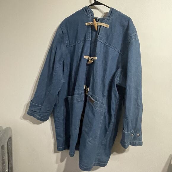 Vintage Denim & Co Duffle Chore Coat Womens 2XL Hooded 90s Long Blue Denim Togs - Picture 7 of 15